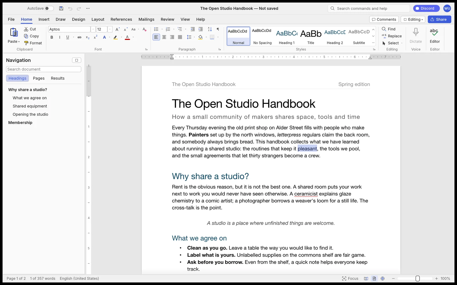 WordCraft document window with the ribbon, navigation pane and styles gallery